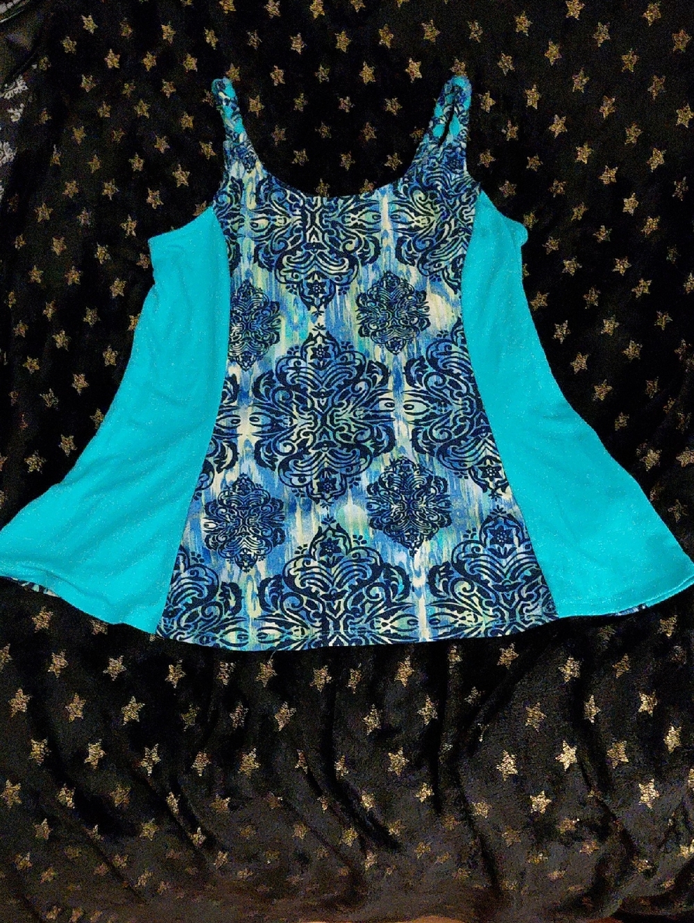 Faded Glory Blue Patterned Camisole with Aqua Side Panels